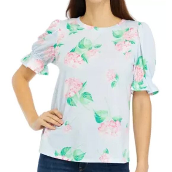 Crown & Ivy Light Blue Pink Flowers Flutter Sleeve Top Size XSmall - Picture 1 of 10